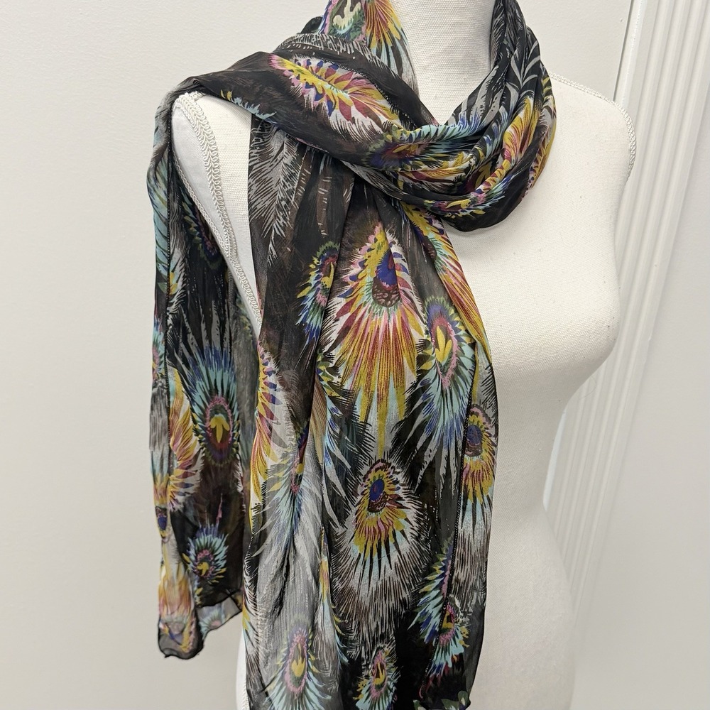 Women's Multicolor Peacock Feather Print Sheer Scarf Shawl Wrap Lightweight